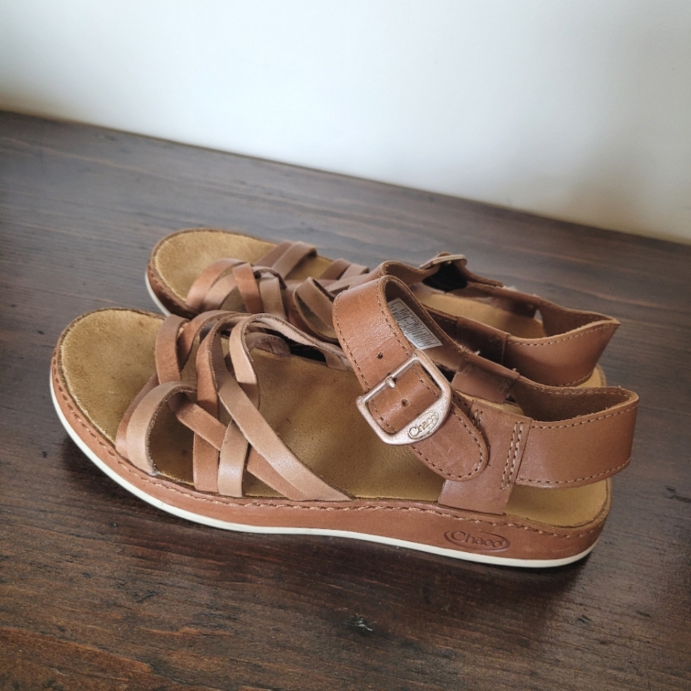 CHACO Fallon Strappy Summer Sandals Sand Tan Brown Leather Sz 6 Eu 37 Huarache